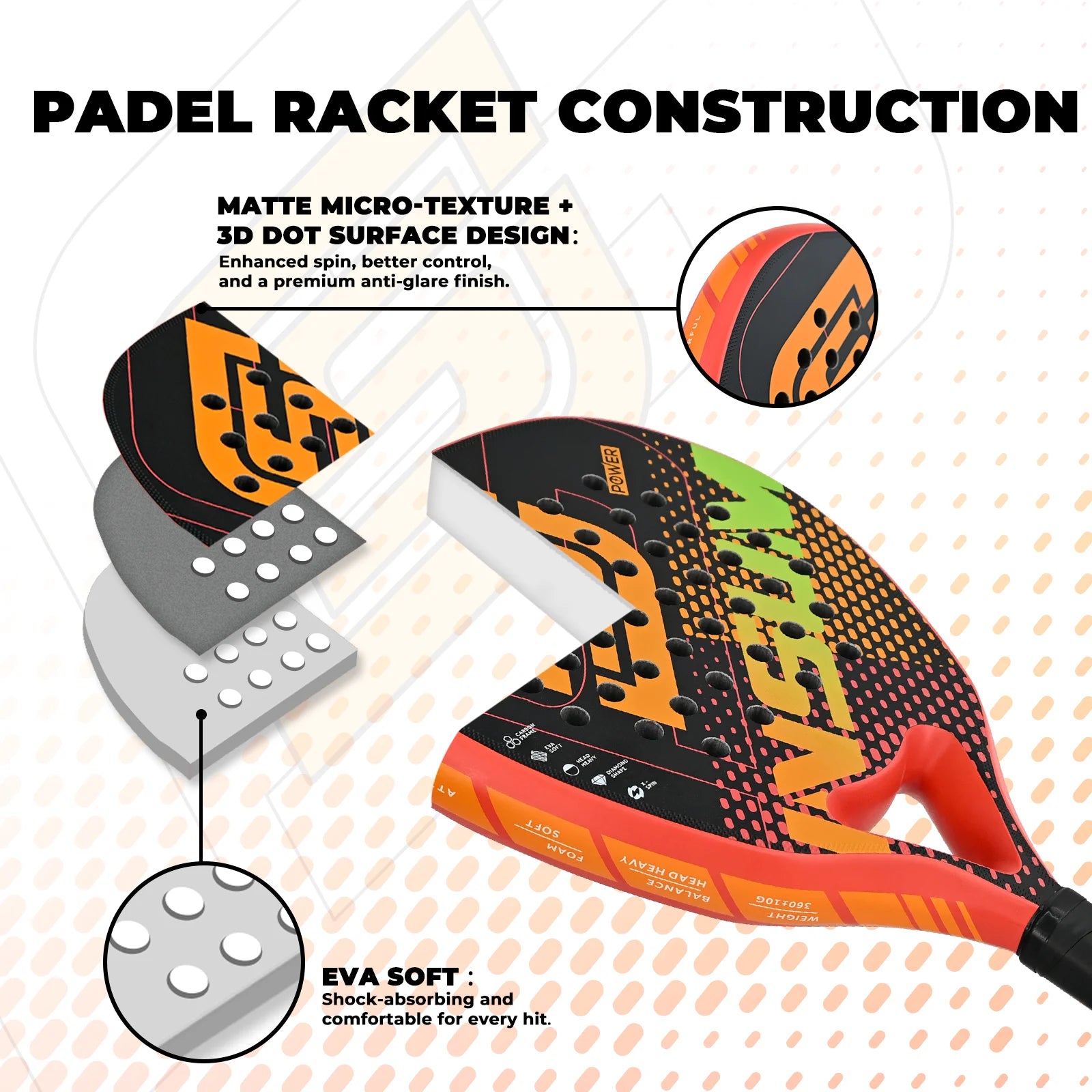Padel Racket Carbon Fibre Diamond Shape EVA Core Power Control Padel Racket for all Players