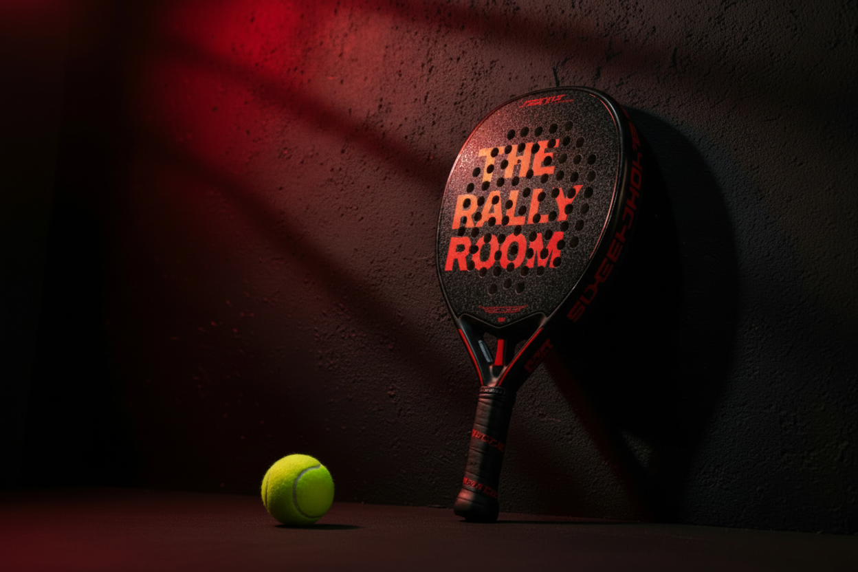 Generate a video of a black and red padel racket leaning against a black wall with red lights and a ball bouncing across the screen